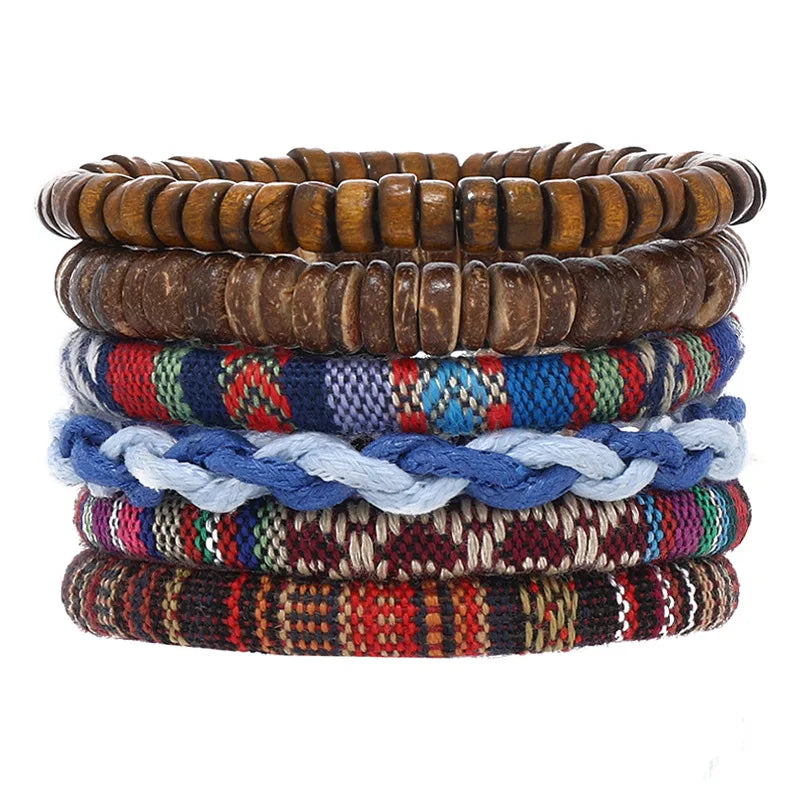 Skórzana bransoletka boho męska z koralikami drewnianymi
