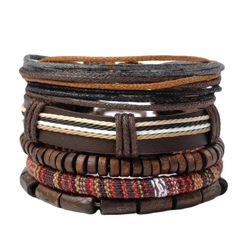 Skórzana bransoletka boho męska z koralikami drewnianymi